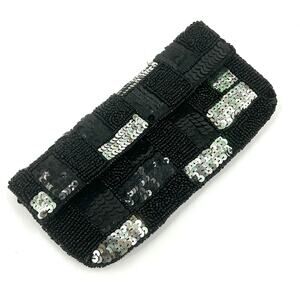 K.C. Malhan Black Silver Iridescent Sequin Beaded Checkered Evening Clutch